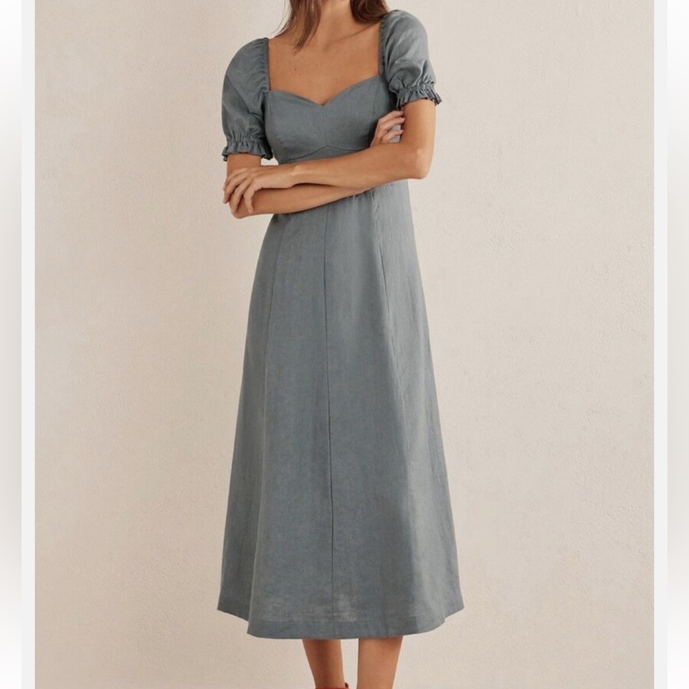 Boden NWT Women's Sweetheart Linen Midi Dress 100% Linen Size 8L Deep Sea Green